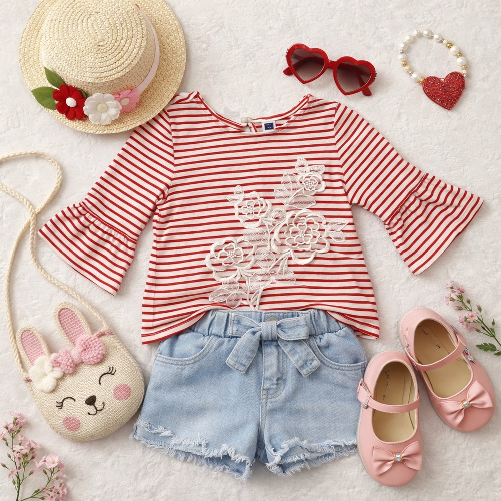 Janie and Jack Red Striped Shirt bell sleeve appliqué lace